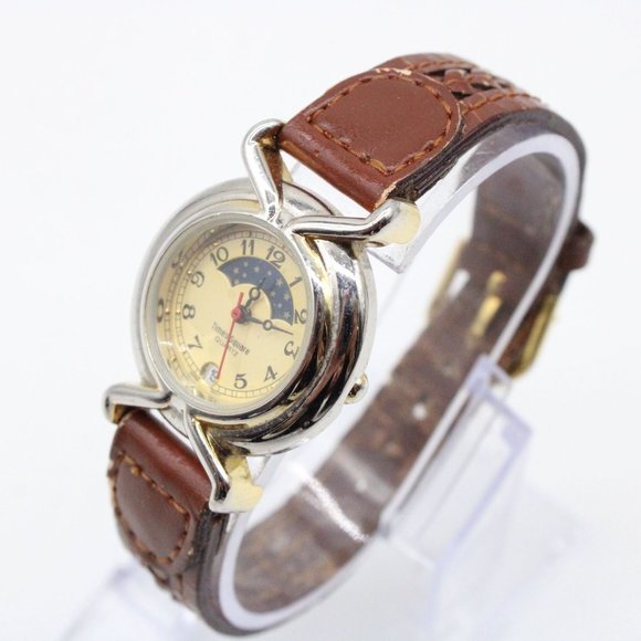Vintage Time Square Watch Womens Silver Tone Moonphase Brown Leather Band - Picture 4 of 8
